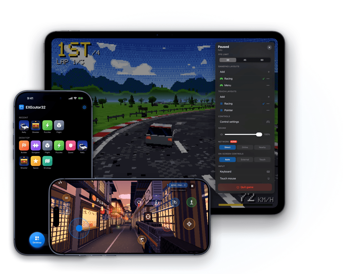 EXEcutor32 on iPad and iPhone: a racing game with the pause menu, a shooter with touch controls, and the game library